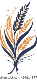 Cereal Blue and yellow spike of wheat, barley or rice , millet stalk icon. Bread bakery spikelet for grain food and agriculture, wheat ear or barley spike, organic crop harvest