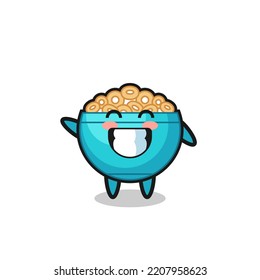 cereal bowl cartoon character doing wave hand gesture , cute design