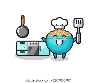 cereal bowl character illustration as a chef is cooking , cute design