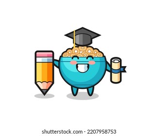 cereal bowl illustration cartoon is graduation with a giant pencil , cute design
