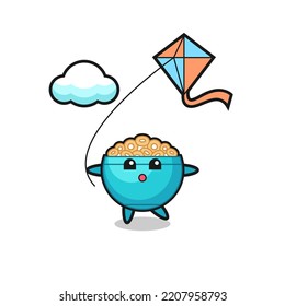 cereal bowl mascot illustration is playing kite , cute design