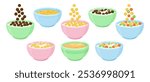 Cereal bowl milk breakfast, cornflakes yogurt, kids food, porridge and oatmeal, fruit and chocolate granola plate, wheat muesli, healthy eating isolated on white background. Sweet vector illustration