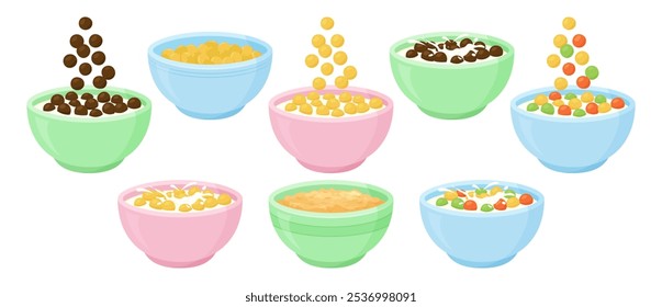 Cereal bowl milk breakfast, cornflakes yogurt, kids food, porridge and oatmeal, fruit and chocolate granola plate, wheat muesli, healthy eating isolated on white background. Sweet vector illustration