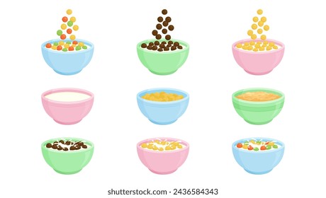 Cereal bowl milk breakfast, porridge and oatmeal food, cornflakes icon, fruit and chocolate granola plate, kids muesli, healthy eating. Cute vector illustration