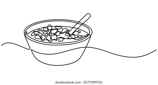 Cereal bowl in one line drawing. Breakfast with milk, healthy food concept, One Continuous Line Drawing of Soup Icon. Single Line Vector Illustration, Baby Cereal Line Icon, Outline Vector Symbol. 