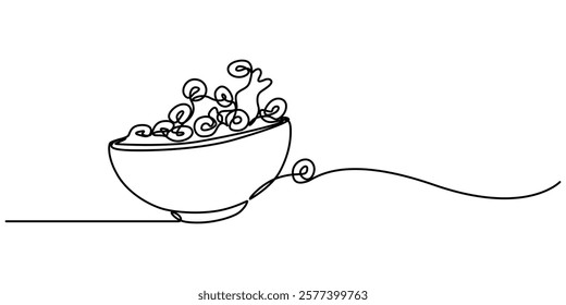 Cereal bowl in one line drawing. Breakfast with milk, healthy food concept, One Continuous Line Drawing of Soup Icon. Single Line Vector Illustration, Baby Cereal Line Icon, Outline Vector Symbol. 