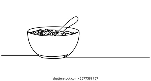 Cereal bowl in one line drawing. Breakfast with milk, healthy food concept, One Continuous Line Drawing of Soup Icon. Single Line Vector Illustration, Baby Cereal Line Icon, Outline Vector Symbol. 