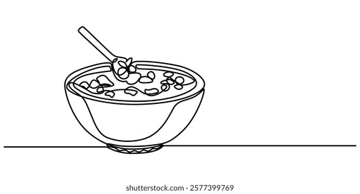 Cereal bowl in one line drawing. Breakfast with milk, healthy food concept, One Continuous Line Drawing of Soup Icon. Single Line Vector Illustration, Baby Cereal Line Icon, Outline Vector Symbol. 