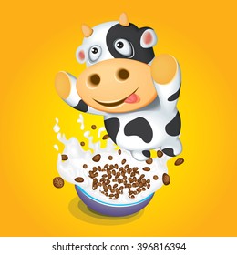 Cereal Bowl with Splash Milk and Cartoon Cow Happy Breakfast