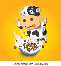 Cereal Bowl with Splash Milk and Cartoon Cow with tattoos