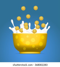 Cereal bowl with splashing milk and falling corn balls