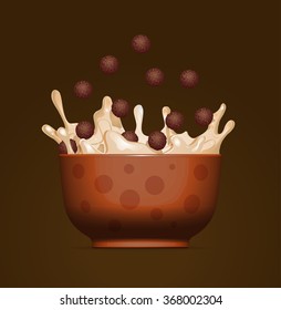 Cereal bowl with splashing milk and falling cacao balls