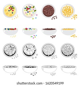 Cereal bowl vector cartoon set isolated on a white background.