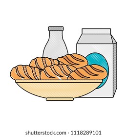 cereal box with bread and milk bottle