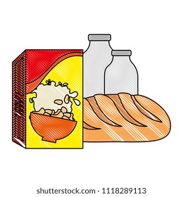 cereal box with bread and milk bottle