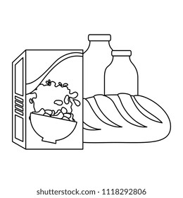 cereal box with bread and milk bottle
