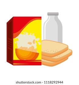 cereal box with bread and milk bottle