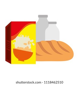 cereal box with bread and milk bottle