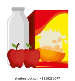 cereal box with milk bottle and apple