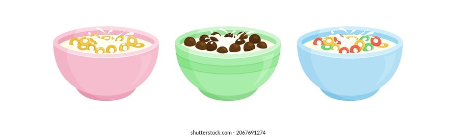 Cereal breakfast bowl set, cornflakes with milk vector icon isolated on white background. Cartoon food illustration