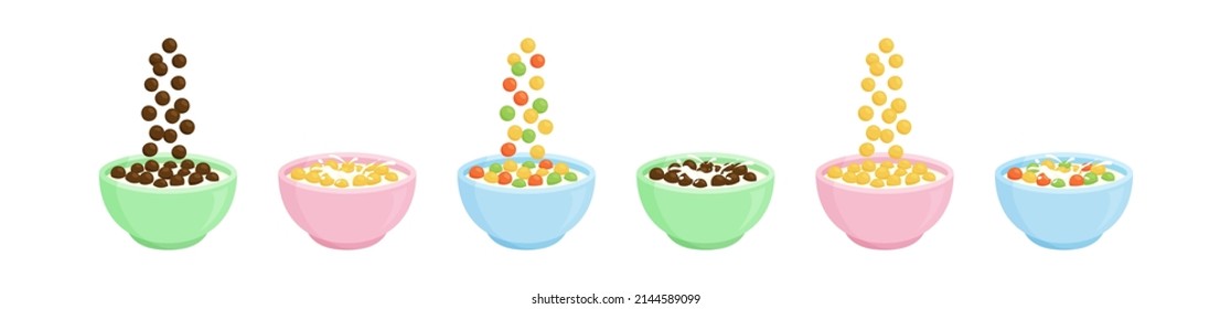 Cereal breakfast bowl vector icon, cornflakes with milk set isolated on white background. Cartoon food illustration