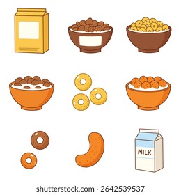 Cereal Breakfast Food Icons Set Cartoon Vector.