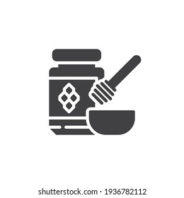 Cereal breakfast with honey vector icon. filled flat sign for mobile concept and web design. Honey jar with bowl and dipper glyph icon. Symbol, logo illustration. Vector graphics