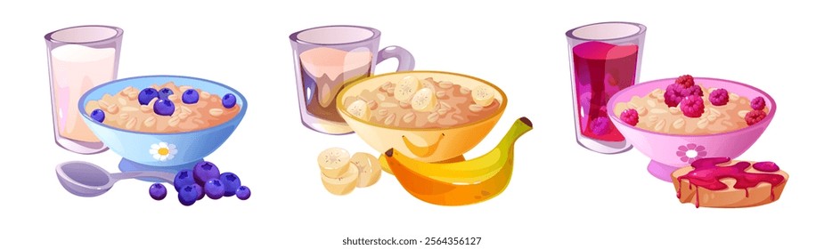 Cereal breakfasts set isolated on white background. Vector cartoon illustration of oatmeal bowls with blueberry, banana, raspberry, toast with jam, glass of milk, coffee or fruit beverage, menu icons