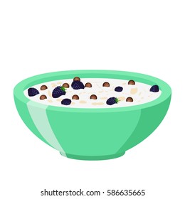 Cereal chocolate balls with blackberry. Milk in oatmeal breakfast. Organic muesli. Flat vector style.