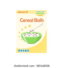 Cereal Chocolate Balls Box. Oatmeal Breakfast. Organic Muesli. Flat Vector Style.