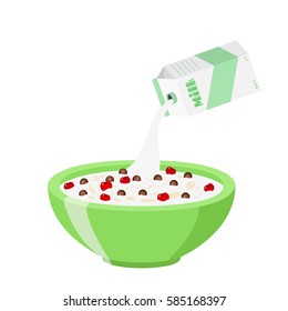 Cereal chocolate balls with cherry. Milk in oatmeal breakfast. Organic muesli. Flat vector style.
