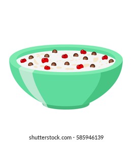Cereal chocolate balls with cherry. Milk in oatmeal breakfast. Organic muesli. Flat vector style.