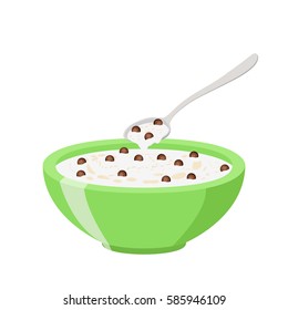Cereal chocolate balls. Milk in oatmeal breakfast. Organic muesli. Flat vector style.