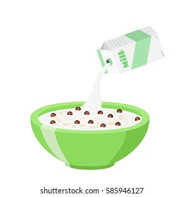 Cereal chocolate balls. Milk in oatmeal breakfast. Organic muesli. Flat vector style.