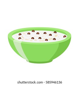 Cereal chocolate balls. Milk in oatmeal breakfast. Organic muesli. Flat vector style.