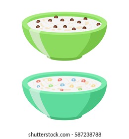 Cereal chocolate balls and rings. Milk in oatmeal breakfast. Organic muesli. Flat vector style.