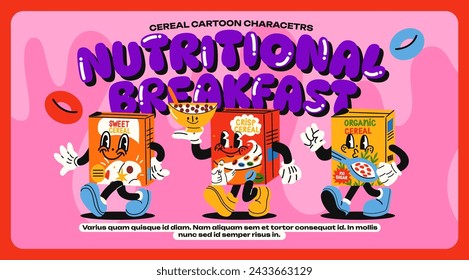 Müsli Cornflakes Maskottchen Charaktere, Frühstücksplakat im Cartoon-Stil. Kisten mit knusprigem Müsli, Haferflocken, Brei. Doodle Banner der gesunden Babynahrung