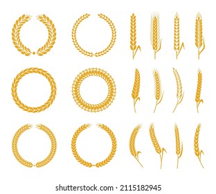 Cereal crops round wreaths and wheat, oat, rye and barley icons