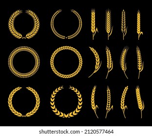 Cereal crops round wreaths and wheat, oat, rye and barley icons