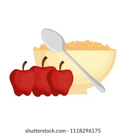 cereal dish with spoon and apples