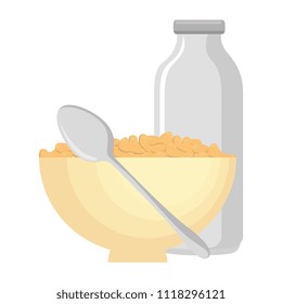 cereal dish with spoon and bottle milk
