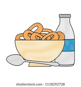 cereal dish with spoon and milk bottle