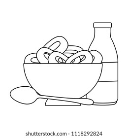 cereal dish with spoon and milk bottle