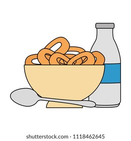cereal dish with spoon and milk bottle