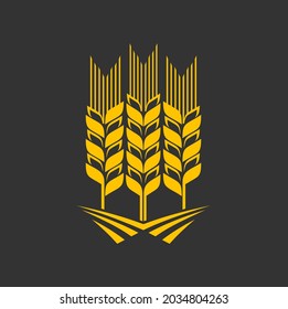 Icono de la oreja cereal y el pico. Empresa agrícola, granja o panadería, tienda de semillas o almacén emblema vectorial, símbolo gráfico o icono con trigo amarillo, oreja de centeno o cebada, arroz, tallo de mijo