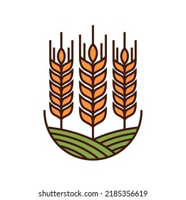 Icono de espiga de oído de cereales de trigo, cebada, mijo de centeno y arroz, emblema de campo cultivable vectorial. Pan, harina o símbolo de alimento de cereales y granos de centeno o de avena y espigas de arroz en el campo verde