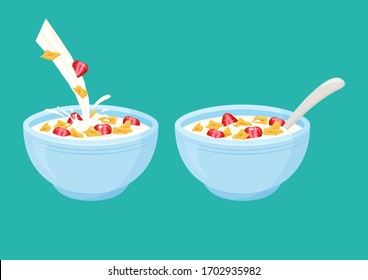 Cereal flake milk breakfast. Bowl rolled oats with strawberry. Vector illustration