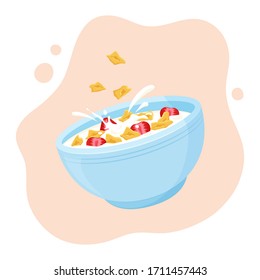 Cereal flake milk breakfast. Ceramic bowl rolled oats with strawberry. Healthy food for kids. Vector illustration