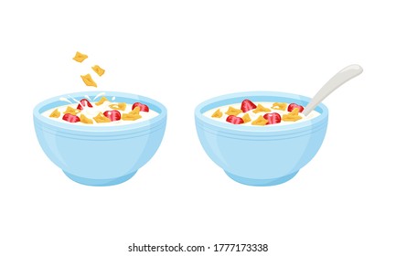 Cereal flake milk breakfast. Rolled oats bowl with strawberry. Oatmeal breakfast cup. Vector illustration