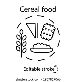Cereal food concept outline icon. Sandwich, cracker, porridge and cereal plant. Kids menu. Customizable linear contour symbol. Editable stroke. Isolated vector stock illustration